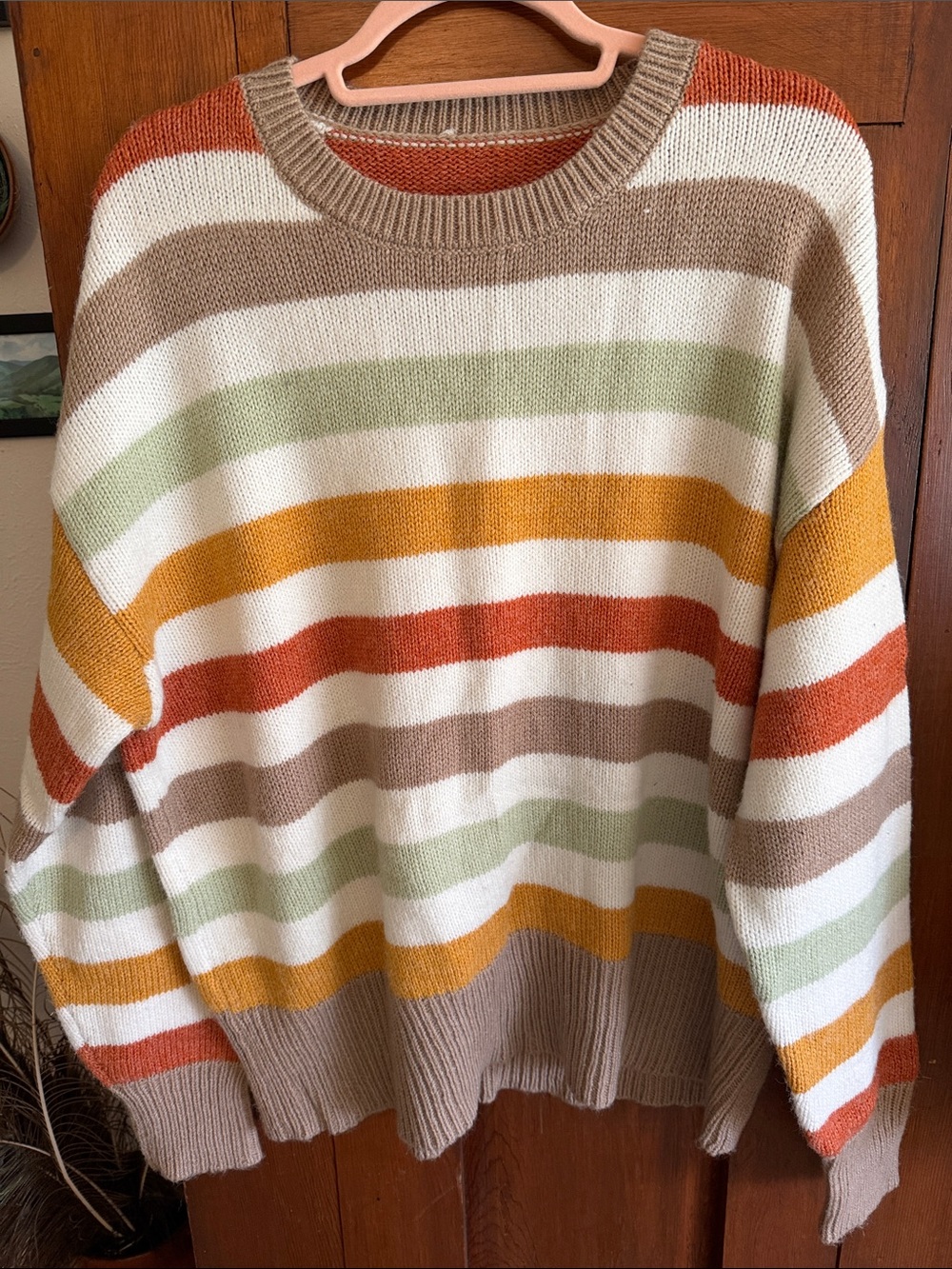 Cozy Striped Crewneck Sweater - Cream, Tan, Mustard & Rust